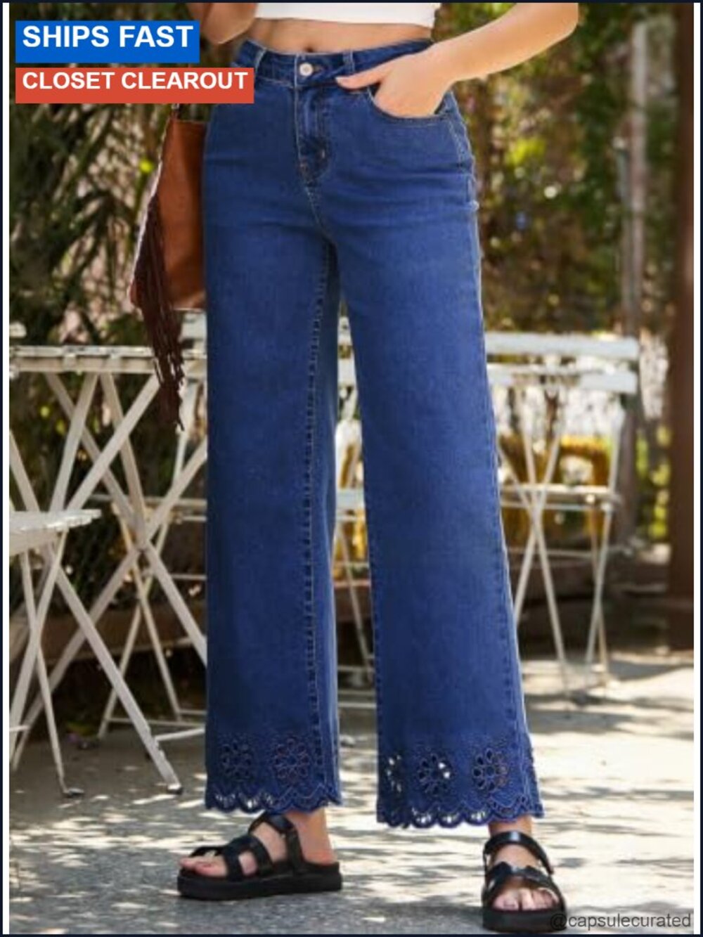 Wide Leg Embroidered Stretch Denim Jeans High Waist Ankle Cutout - Picture 5 of 6